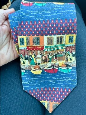 Guy Buffet Collection Silk Tie St Tropez Harbor Scene Boats France Italy